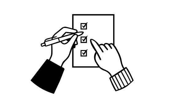Illustration på två händer som sitter och kryssar i en lista på ett papper