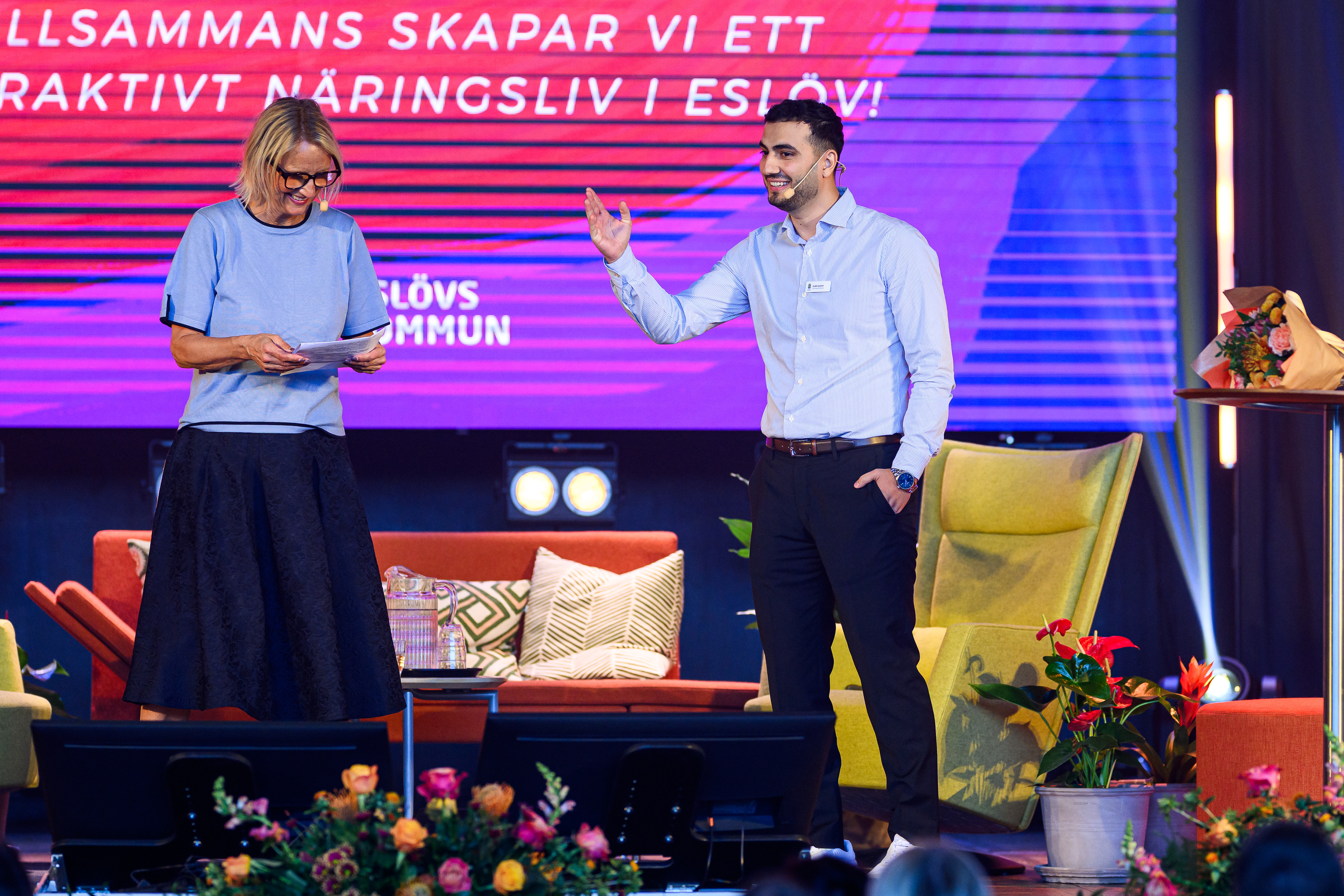 Trine Grönlund, moderator och Albin Qazemi. näringslivsutvecklare, Eslövs kommun