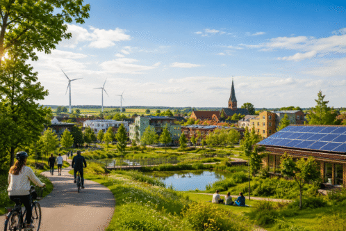Människor cyklar på en väg som leder genom ett grönt område. I fjärran syns vindkraftverk