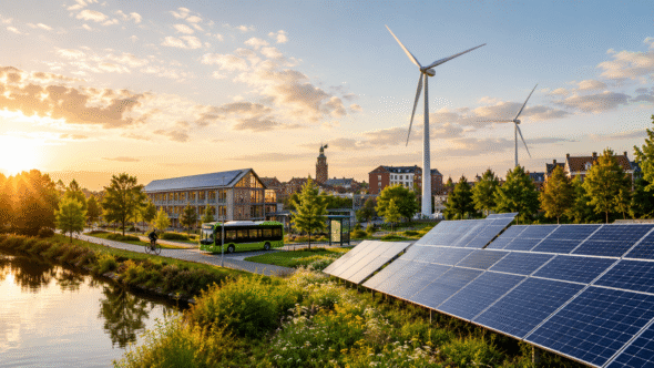 Solpaneler, vindkraftverk och kollektivtrafik i ett stadslandskap som illustrerar energiomställning och hållbar samhällsutveckling.