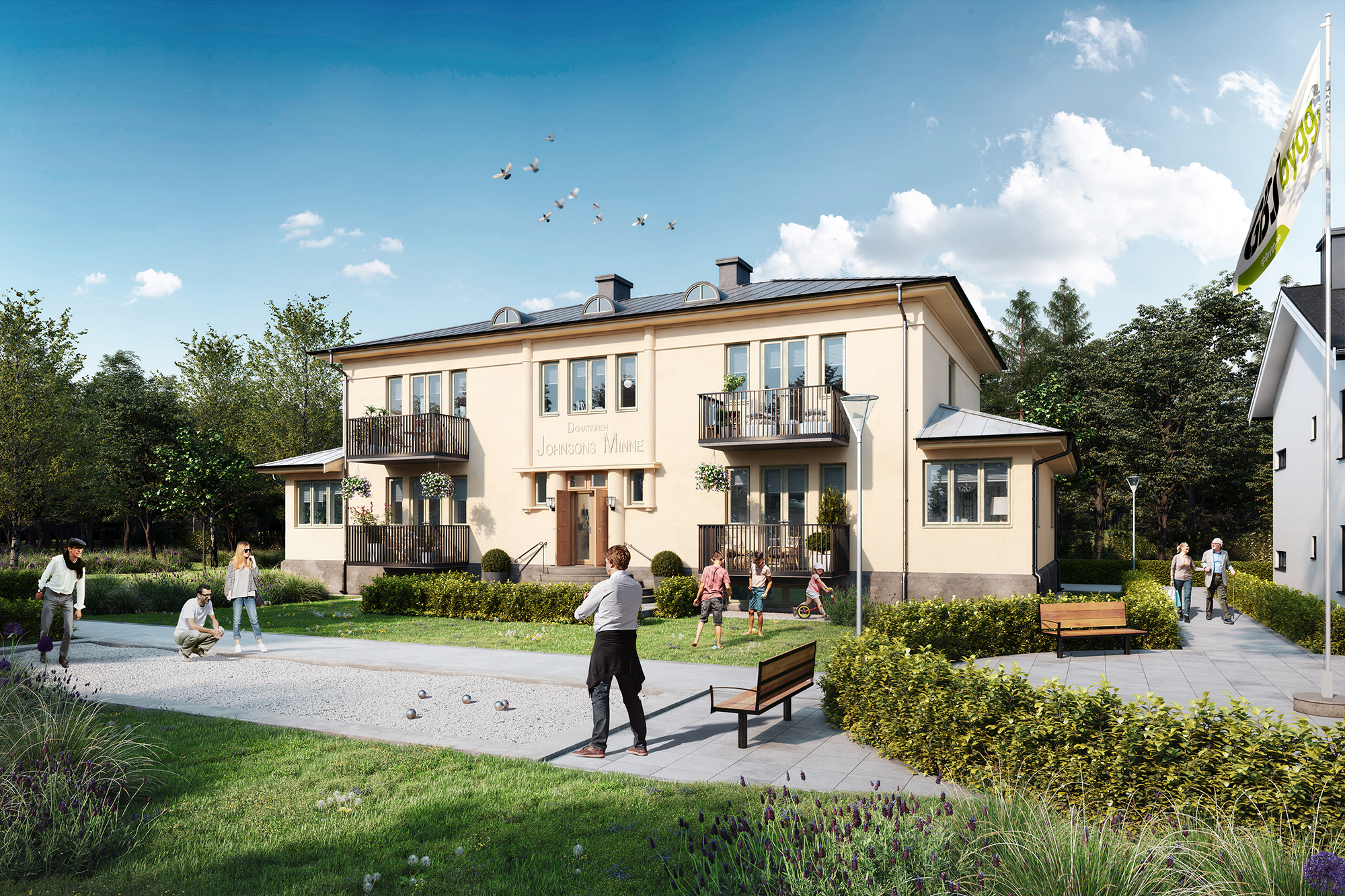 Det befintliga huset Johnssons Minne, den så kallade Parkvillan, renoveras till lägenheter mellan 1-3,5 rum och kök. Stora fönster och en generös takhöjd ger ljusa och luftiga lägenheter. Samtliga med inredning av hög kvalitet och slitstarka material. Illustration: GBJ Bygg.