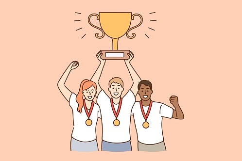 Illustrerad bild på tre personer som håller upp en pokal.