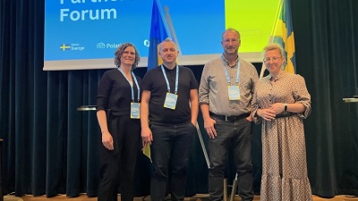 Kristina Prahl, Andriyn Dranchuk, Liubov Petrova och Johan Andersson på konferensen om partnerskap mellan svenska och ukrainska kommuner.