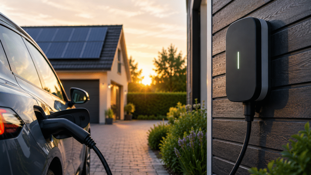 Elbil laddas med en v&auml;ggmonterad laddbox utanf&ouml;r ett sm&aring;hus med solceller p&aring; taket.