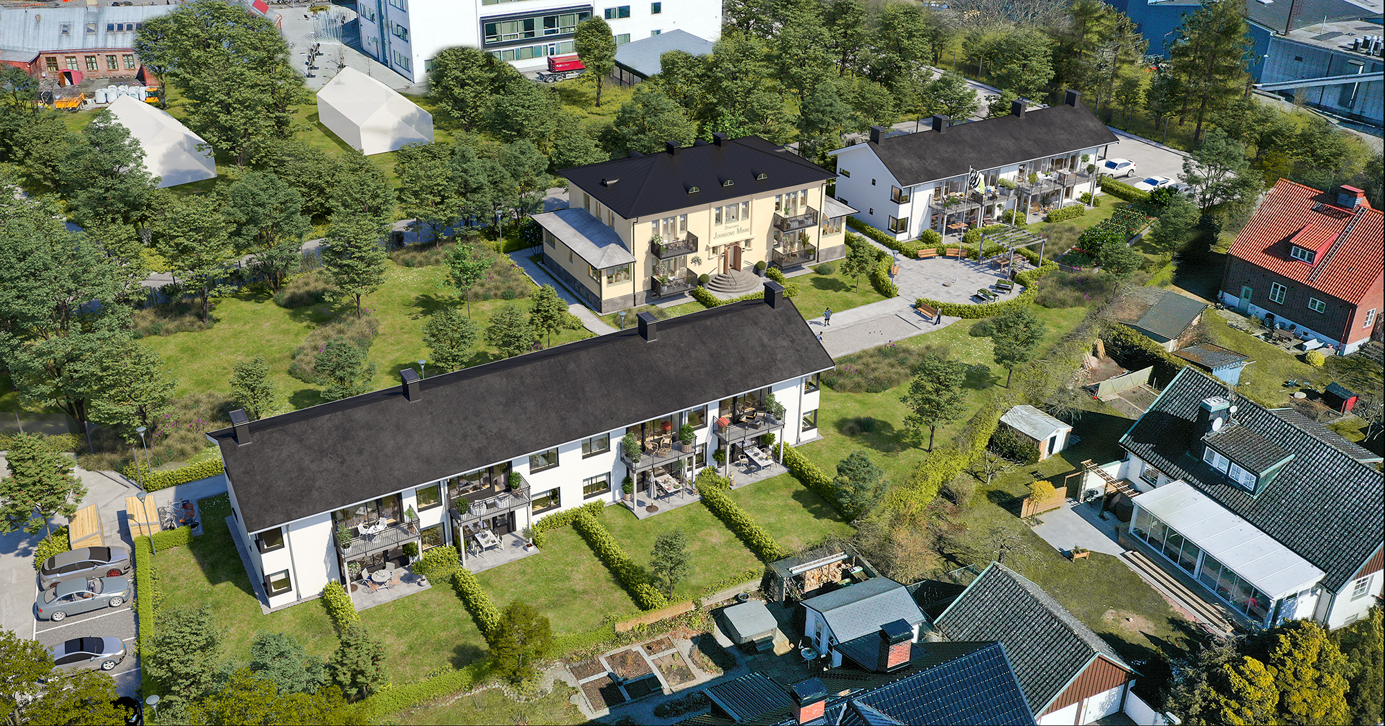 Vy över Johnsons minne med de två nya husen i vitt och parkvillan i gult. Illustration: GBJ Bygg.