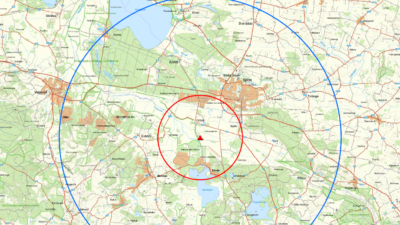 Karta med restriktionszon som gäller efter utbrott av fågelinfluensa i Sjöbo.