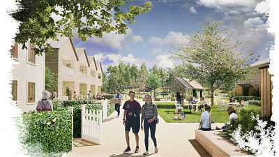 Visionsbild med hus och människor gående i framtida Berga trädgårdsstad. Byggnader och träd