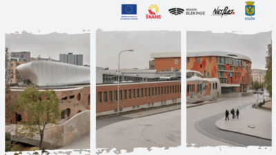 Tre bilder som visar en arkitektonisk gestaltning av en ombyggnad av en industribyggnad – den ursprungliga tegelbyggnaden i mitten flankerad av två visionsbilder där den fått moderna tillbyggnader med organiska former, färgstarka fasader och rundade linjer. Ovanför syns logotyper för EU, Region Skåne, Region Blekinge, NetPort Science Park och Eslövs kommun.