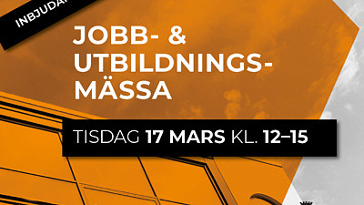 Text på orange bakgrund: Jobb och utbildningsmässa. 17 mars, kl. 12-15
