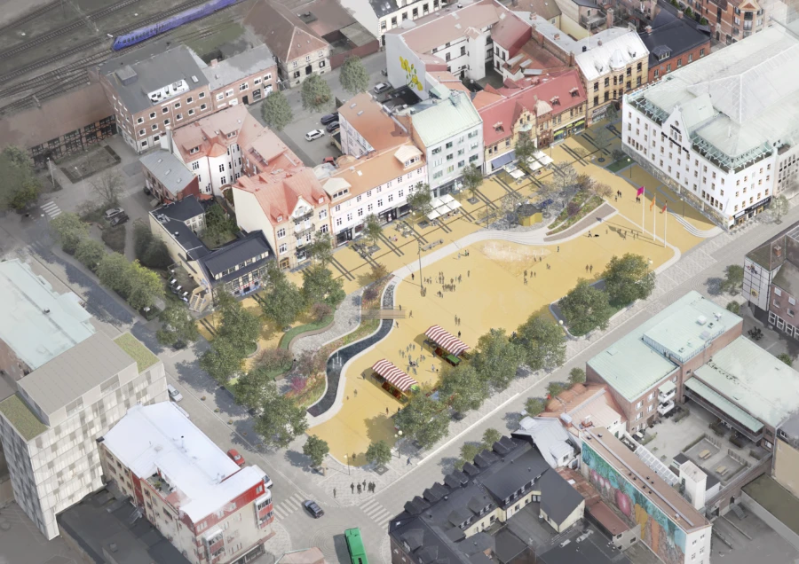 Illustration av framtidens Stora torg i Esl&ouml;v