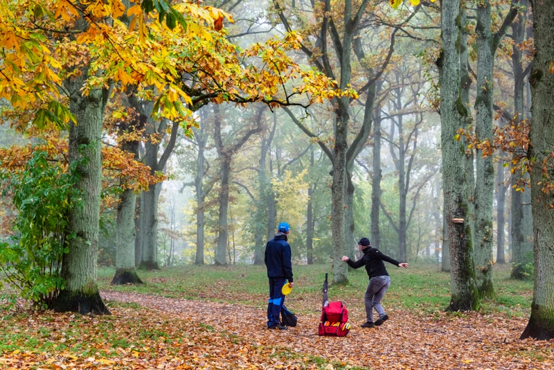 Två personer i höstskrudad park som spelar frisbeegolf eller discgolf