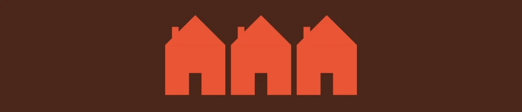 Illustration med tre röda hus mot en brun bakgrund