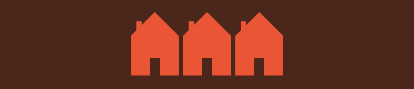 Illustration med tre röda hus mot en brun bakgrund