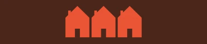 Illustration med tre röda hus mot en brun bakgrund