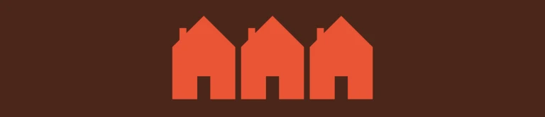 Illustration med tre röda hus mot en brun bakgrund