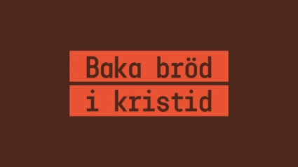 Röd bakgrund med texten "Baka bröd i kristid"