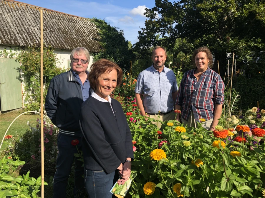 Bengt Andersson, Catharina Malmborg och Johan Andersson hälsar på hos blomsterodlaren Mia Engström som öppnar sin trädgård i Hammarlunda under Biosfärfestivalen.