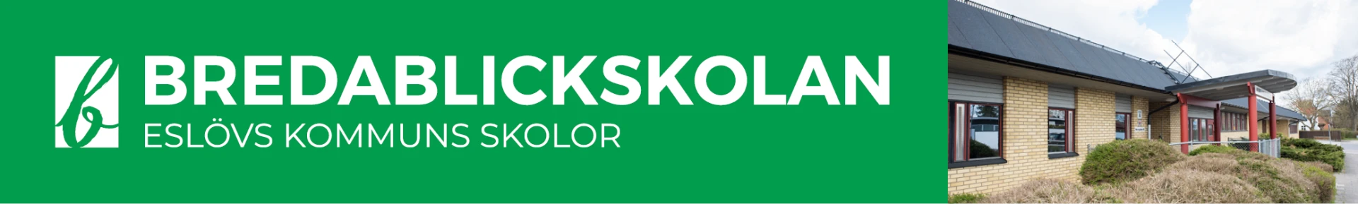 Text där det står Bredablickskolan och en bild på skolans ingång