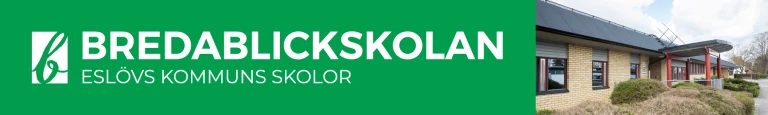 Text där det står Bredablickskolan och en bild på skolans ingång