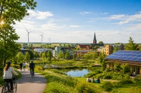 Människor cyklar på en väg som leder genom ett grönt område. I fjärran syns vindkraftverk