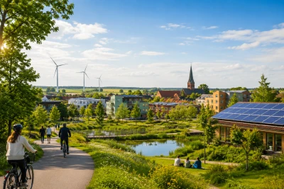 Människor cyklar på en väg som leder genom ett grönt område. I fjärran syns vindkraftverk