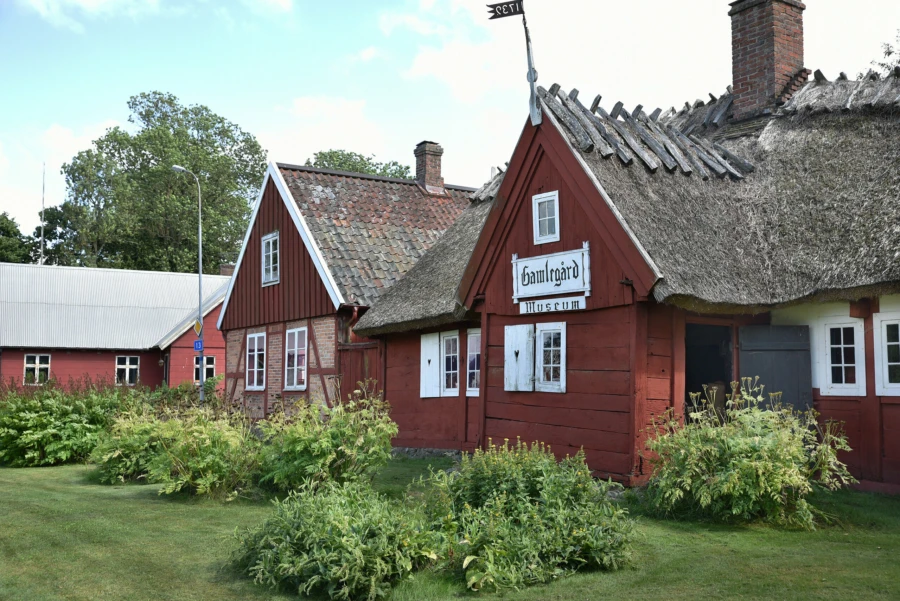 Gammalt hus med halmtak. 