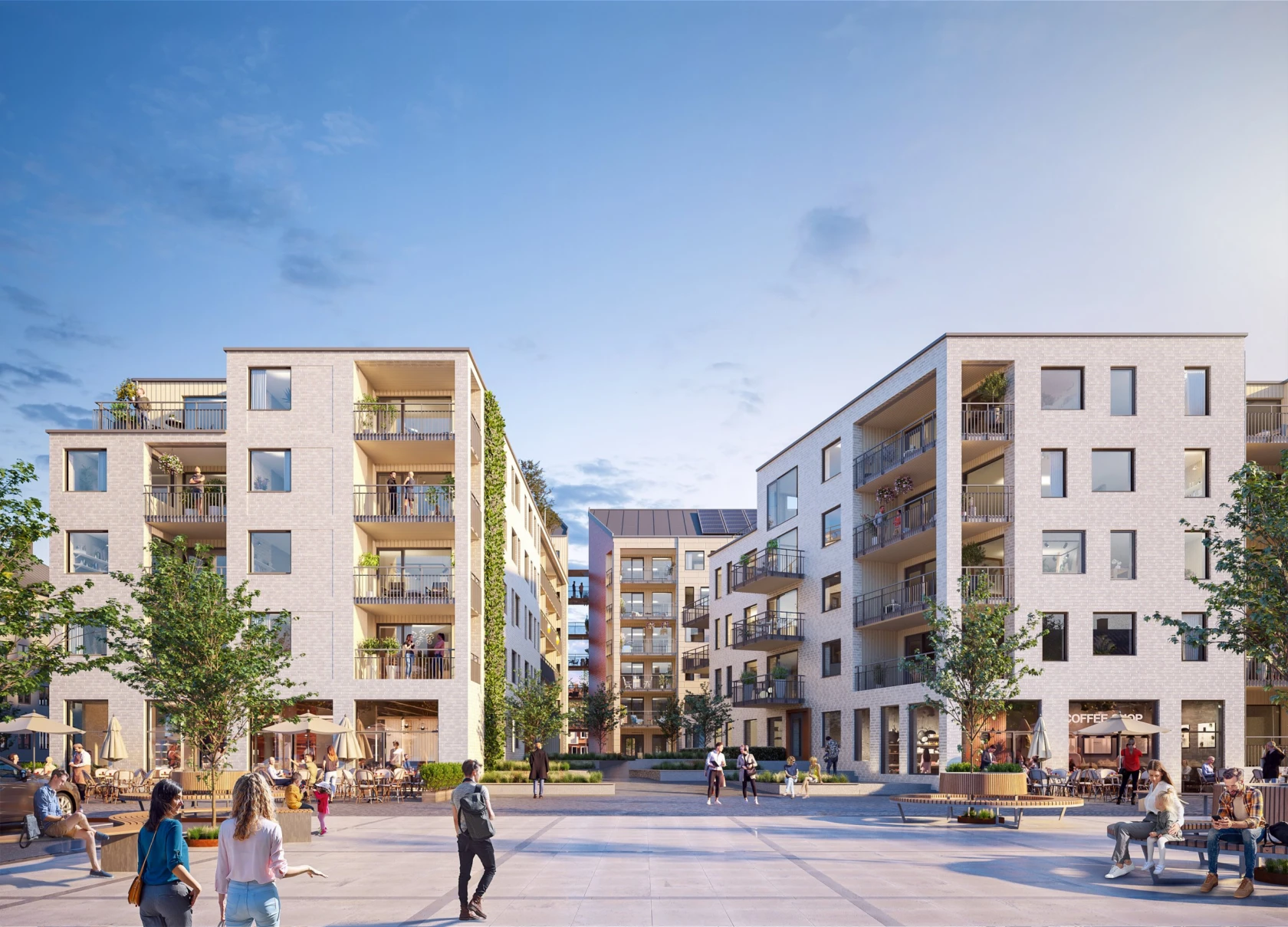 Skiss med tre hus som bildar en öppen yta i mitten. Torgyta framför med människor och grönska.