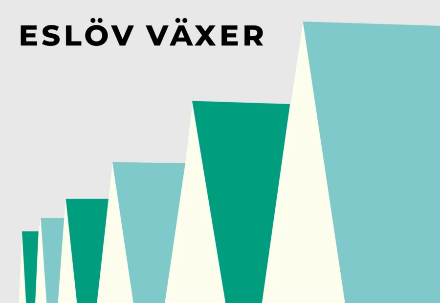 Illustration i gr&ouml;na nyanser som f&ouml;rest&auml;ller hustak p&aring; rad med texten Esl&ouml;v v&auml;xer