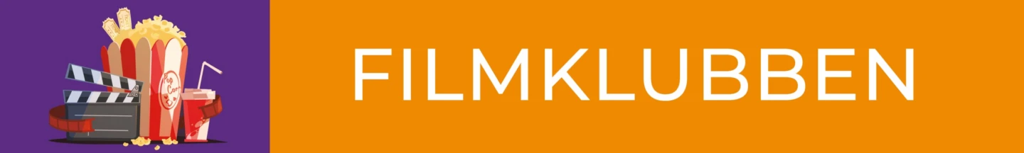 Banner med ordet Filmklubben och illustration av filmklappa, popcorn och läsk.