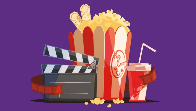 Illustration av filmklappa, popcorn och läsk