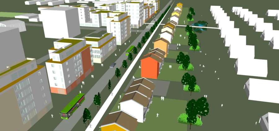 Illustration över ny tänkt bebyggelse längs med Sallerupsvägen med vy mot väst.