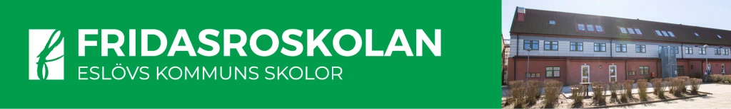Fridasroskolan i text och en bild på skolans fasad