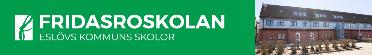 Fridasroskolan i text och en bild på skolans fasad