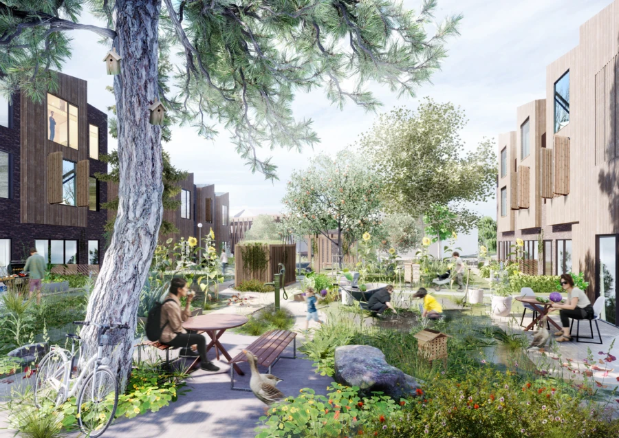 F&ouml;rutom en mindre egen uteplats vid varje hus finns stora gemensamma gr&ouml;na ytor f&ouml;r umg&auml;nge och odling. Illustration Kamikaze Arkitekter
