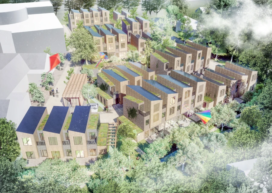 35 radhus ska byggas i det bilfria kvarteret. Illustration Kamikaze Arkitekter