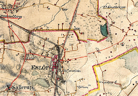 Eslövs stationssamhälle 1858-1866 Den gamla bondbyn syns i väster.