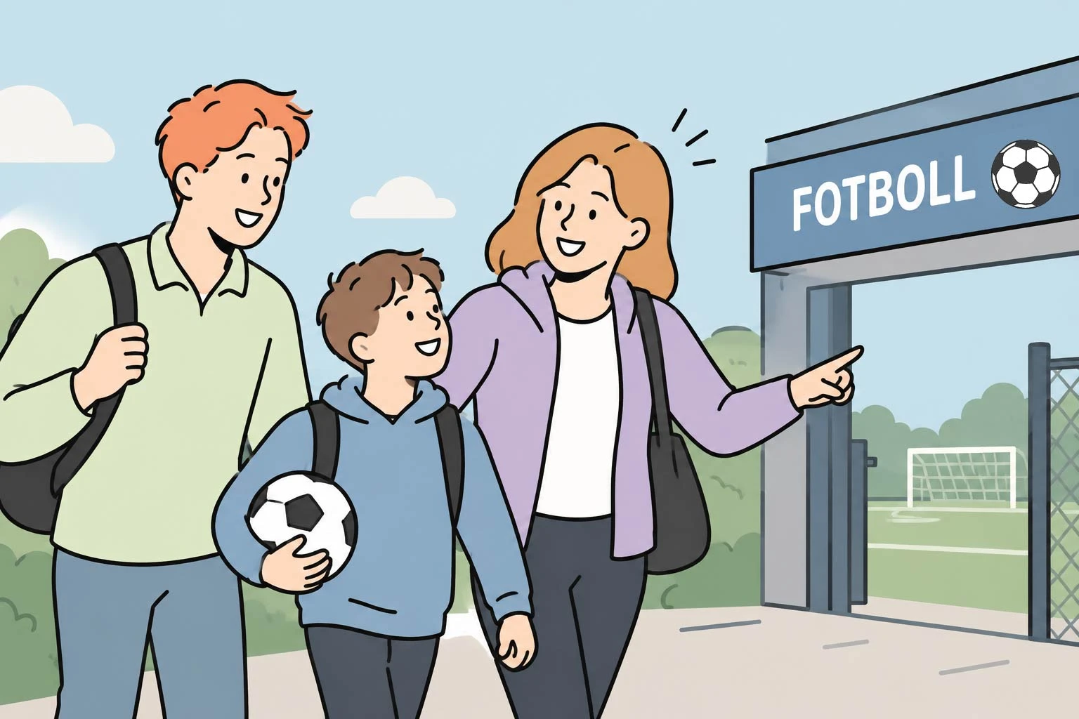Två vuxna personer som följer med ett barn till fotbollsträningen