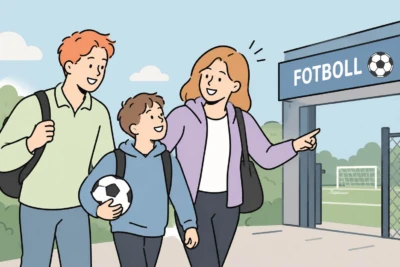 Två vuxna personer som följer med ett barn till fotbollsträningen