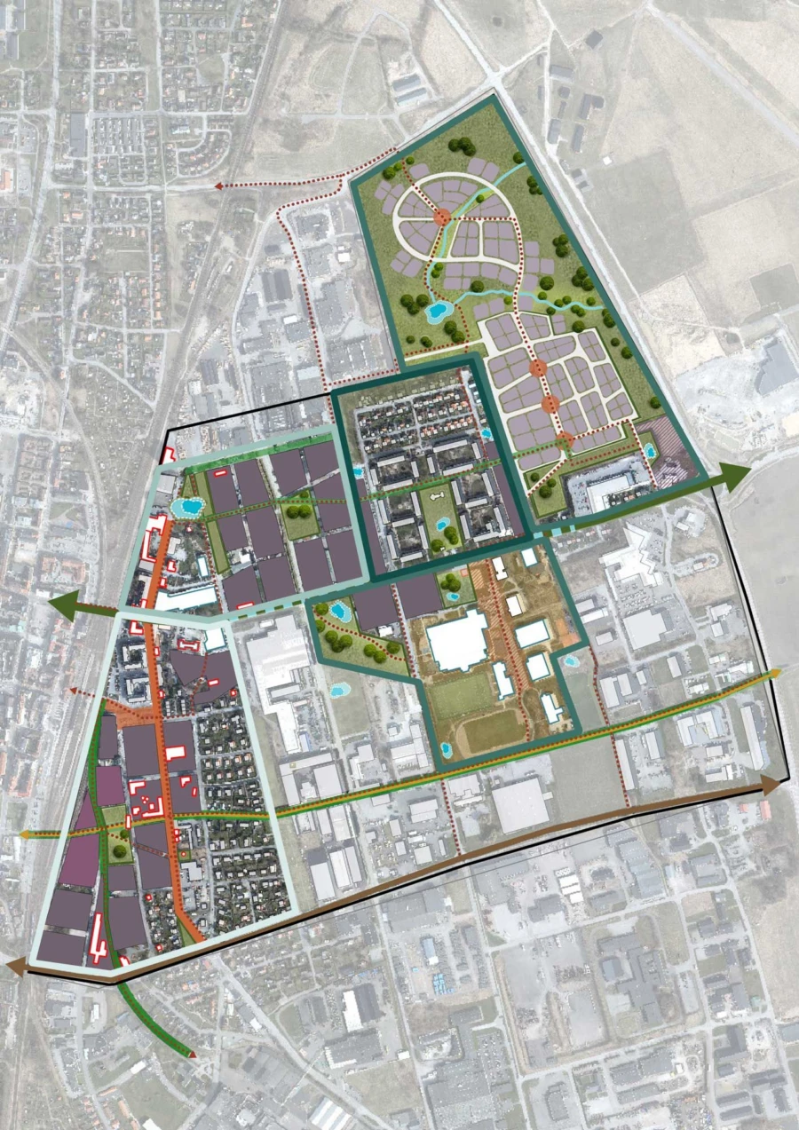 Illustrationen ger en &ouml;vergripande bild men visar inte exakt hur &Ouml;stra Esl&ouml;v kommer att utvecklas. Bebyggelsens placering och kvarterens struktur best&auml;ms i ett senare skede. Illustration: Radar Arkitektur och Planering AB.