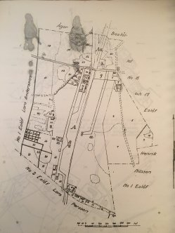 Eslövs stationssamhälle 1858-1866. Vissa ägogränser i öster avtecknar sig än idag.