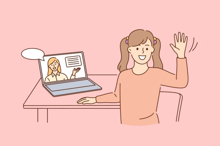 En illustration av en flicka som sitter vid ett skrivbord och deltar i ett videosamtal på en bärbar dator. Hon ler och vinkar med ena handen mot skärmen, där en person syns prata.