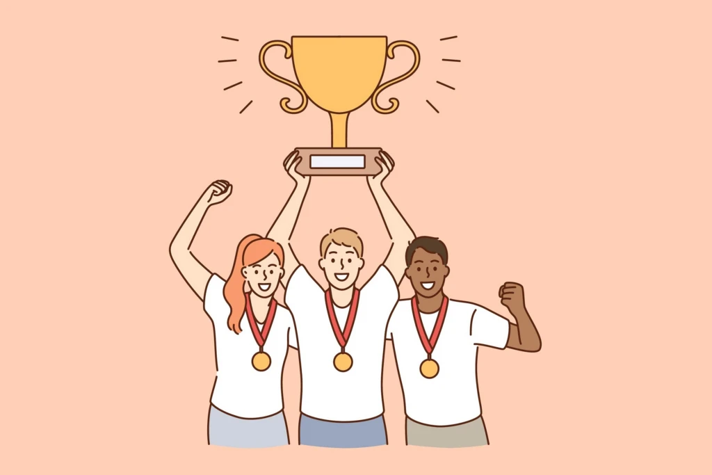 Illustrerad bild på tre personer som håller upp en pokal.