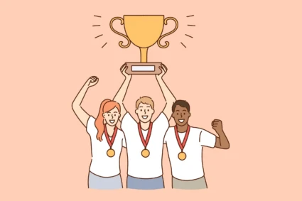 Illustrerad bild på tre personer som håller upp en pokal.