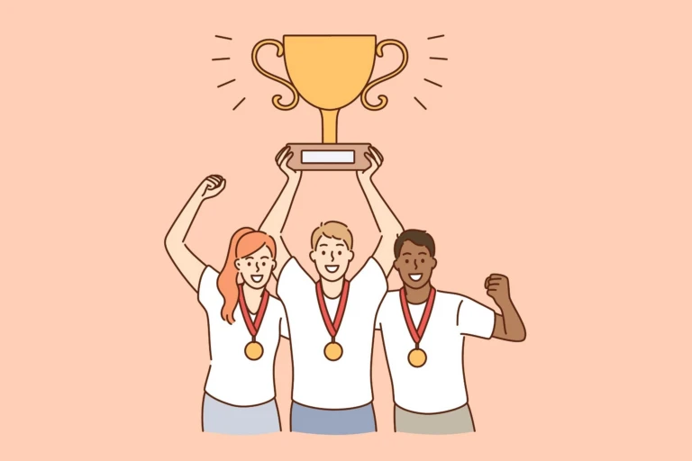 Illustrerad bild på tre personer som håller upp en pokal.