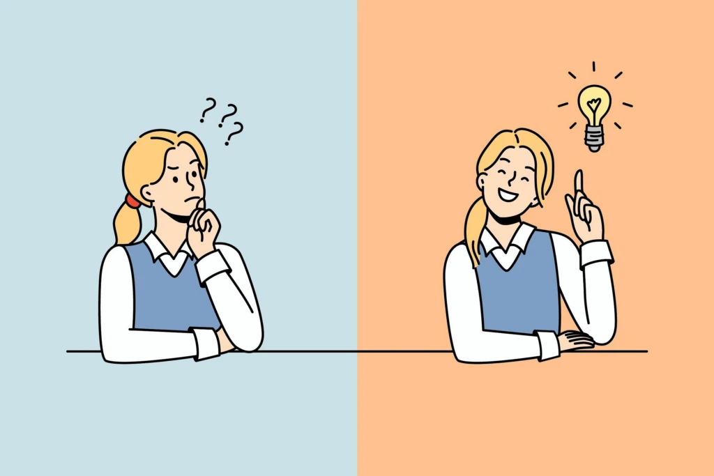 Illustration uppdelad i två delar: till vänster ser en person fundersam ut med handen mot hakan och frågetecken ovanför huvudet; till höger ler samma person och håller upp ett finger, med en tänd glödlampa ovanför som symboliserar en idé.