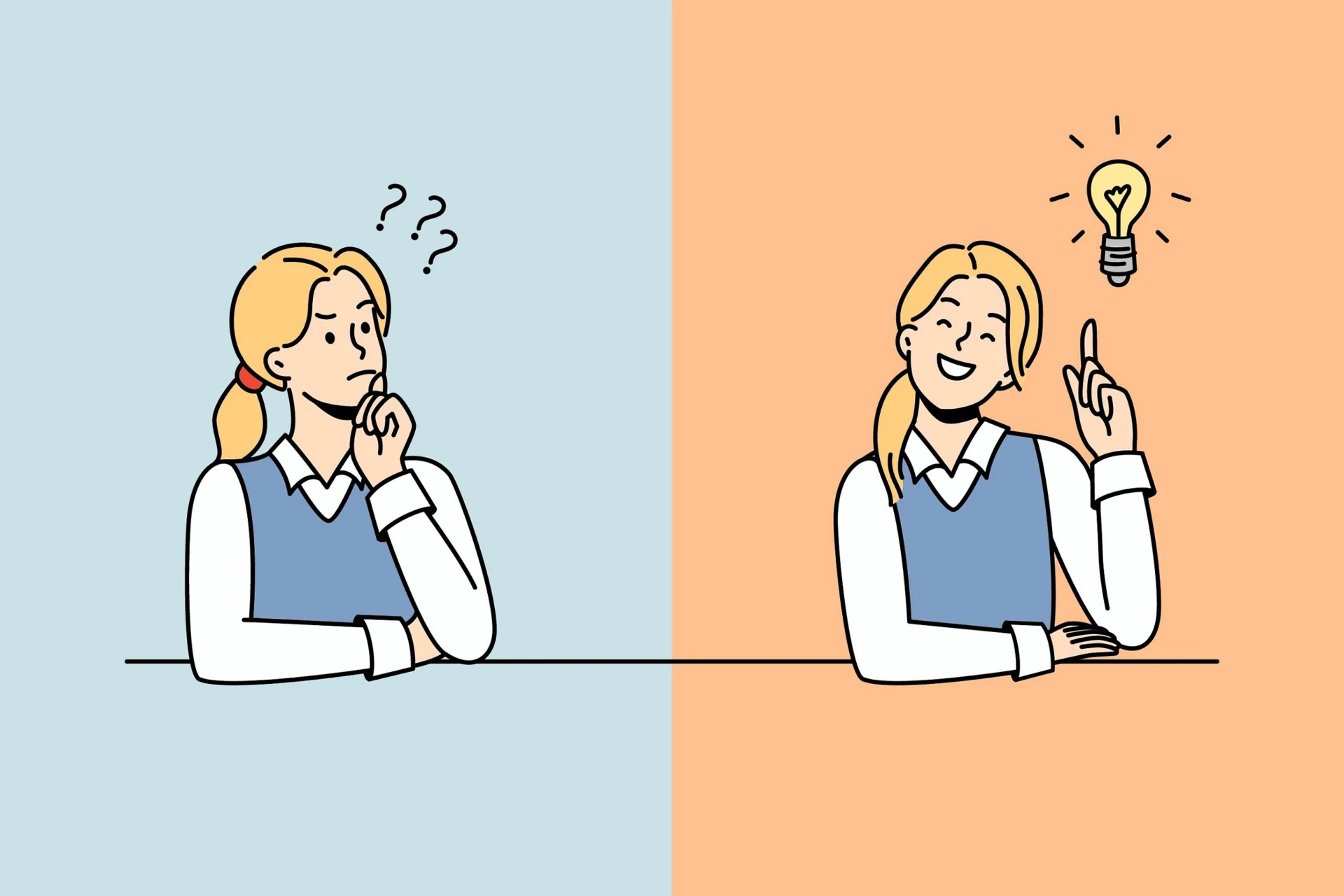 Illustration uppdelad i två delar: till vänster ser en person fundersam ut med handen mot hakan och frågetecken ovanför huvudet; till höger ler samma person och håller upp ett finger, med en tänd glödlampa ovanför som symboliserar en idé.