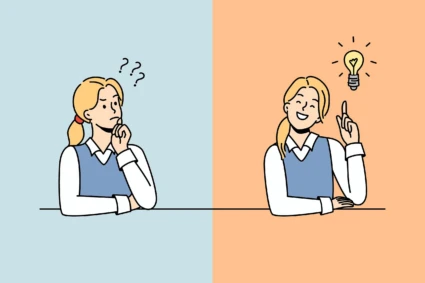 Illustration uppdelad i två delar: till vänster ser en person fundersam ut med handen mot hakan och frågetecken ovanför huvudet; till höger ler samma person och håller upp ett finger, med en tänd glödlampa ovanför som symboliserar en idé.
