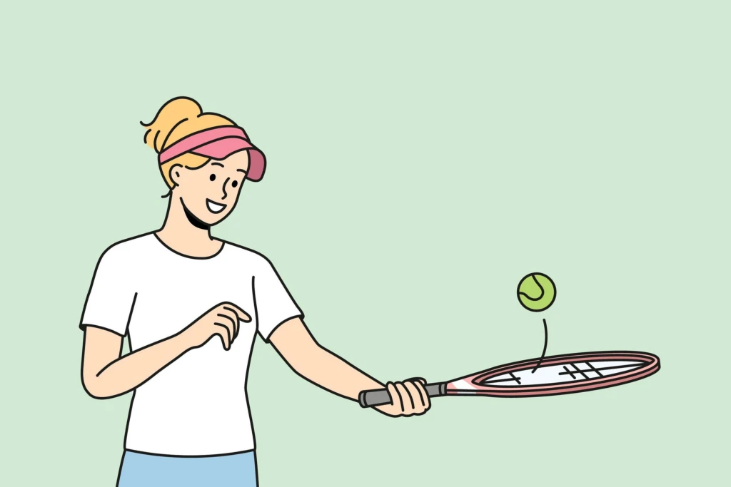 Illustrerad bild på en tjej som studsar en tennisboll med ett tennisrack.