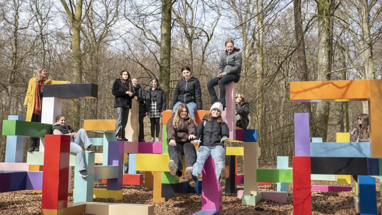 Konstelever och studenter på Jacob Dahlgrens lekfulla verk Primary Structure, 2011.