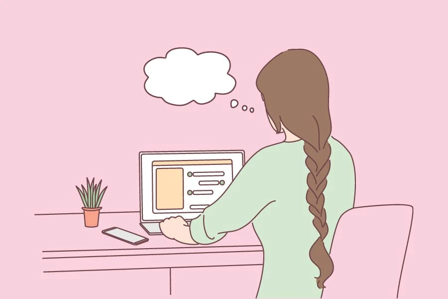 Illustrerad bild av kvinna som sitter vid en laptop och chattar